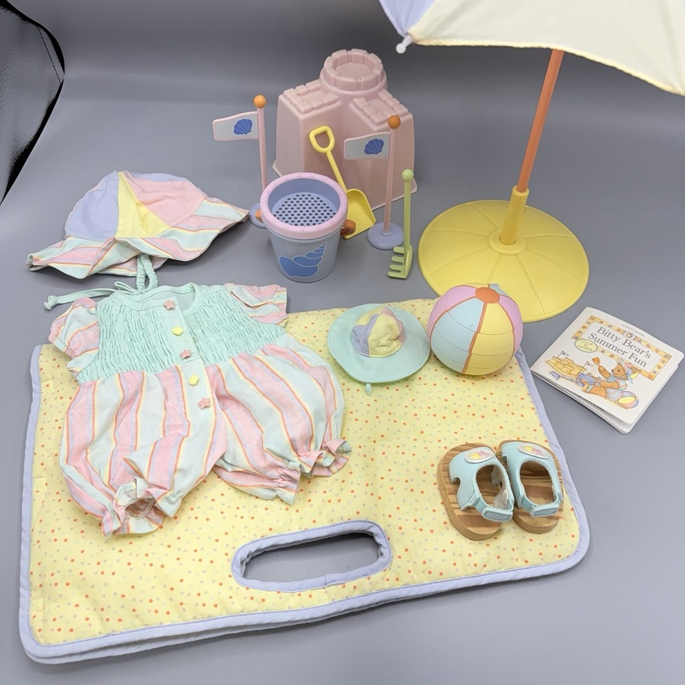 American Girl Bitty Baby Summer Outfit Set ~ Hat Shoes Book Changing Umbrella